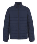 A navy blue Jackets puffer with horizontal quilting, front zip fastening, high collar, and two side pockets is displayed against a plain white background.