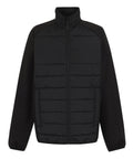 A black jacket featuring long sleeves, a zip-up front, a high collar, and horizontal quilting on the front. The sleeves and collar are crafted from a different, non-quilted fabric.