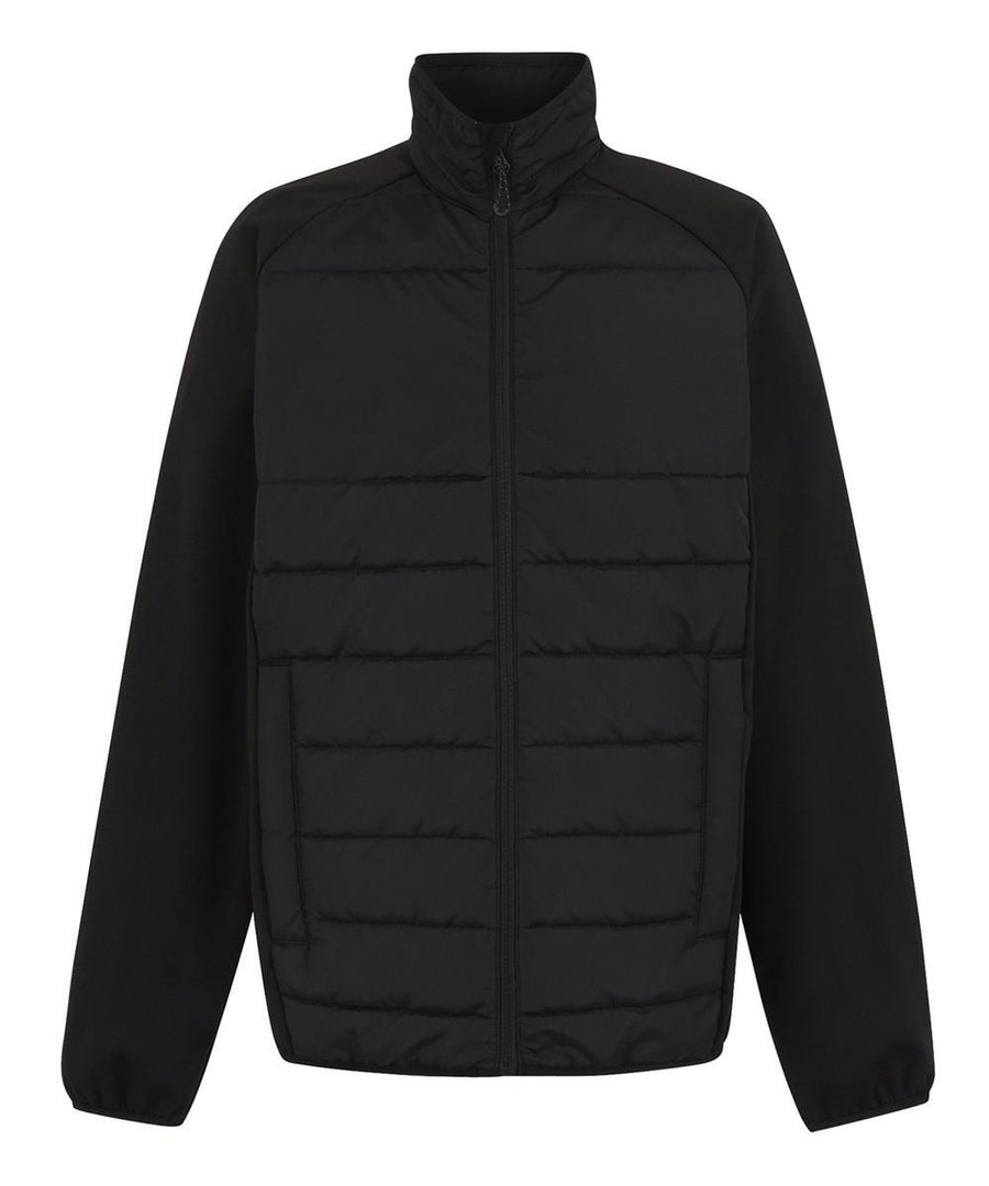 A black jacket featuring long sleeves, a zip-up front, a high collar, and horizontal quilting on the front. The sleeves and collar are crafted from a different, non-quilted fabric.