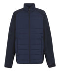 A navy blue, long-sleeve zip-up jacket with a padded front, stand-up collar, and contrasting non-padded fabric on the sleeves and side panels. No visible logos or branding.