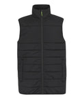 The Gilets & Body Warmers is a black, sleeveless padded gilet with a high collar, horizontal stitching, front zip with a yellow-green pull tab, and two side pockets. It is shown laid flat on a white background.