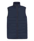 The Gilets & Body Warmers is a sleeveless, navy puffer gilet with horizontal quilting, a front zip fastening, high collar, and lightweight insulated material.
