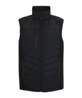 The Gilets & Bodywarmers is a black sleeveless quilted waistcoat with a high collar and three zipped front pockets, shown against a white background.