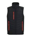 The Gilets & Body Warmers waistcoat is black and sleeveless with a high collar, front zip fastening, three red-zipped vertical pockets, and a quilted pattern on the front.