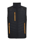 The Gilets & Body Warmers features a black sleeveless design with a front zip, two orange zipped waist pockets, and an orange zipped chest pocket, shown against a white background.