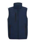 The Gilets & Body Warmers product is a navy blue sleeveless waistcoat featuring a high collar, front zip fastening, and three vertical zipped pockets, shown against a plain white background.