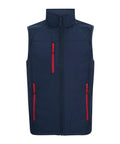 The Gilets & Body Warmers sleeveless navy quilted waistcoat features a high collar, front zip fastening, and three vertical zip pockets with red zips, shown on a plain white background.