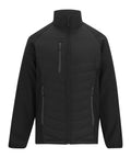 The Jackets product is a black zip-up jacket with a high collar, two zippered side pockets, one zippered chest pocket, and a quilted front design, displayed against a white background.
