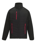 The Jackets features a black design with a front zip, long sleeves, three red zipped pockets (one chest, two waist), a high collar, and quilted detailing on the front.