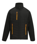 The Jackets product is a black zip-up jacket with a high collar, three orange zipped pockets (one chest, two waist), solid black sleeves, and a quilted pattern on the front.