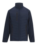 The Jackets product is a navy blue zip-up jacket featuring a stand-up collar, two zipped side pockets, and one zipped chest pocket, shown against a plain white background.
