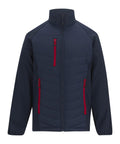 The Jackets product is a navy blue zip-up with a high collar, three red zipped pockets (one on the left chest, two at the waist), and subtle quilted detailing on the front.