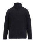 The Fleece is a black, long-sleeved jacket featuring a full front zip, high collar, and two side pockets, shown on a plain white background.