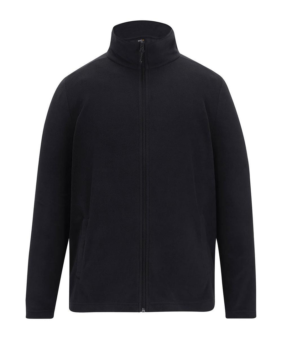 The Fleece is a black, long-sleeved jacket featuring a full front zip, high collar, and two side pockets, shown on a plain white background.