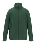 The Fleece is a plain green zip-up jacket with long sleeves, a high collar, and two front pockets, shown against a white background.