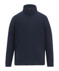 The fleece is a plain navy blue zip-up jacket with long sleeves, a high collar, and two side pockets, shown on a white background.