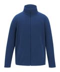 The Fleece is a plain blue jacket with long sleeves, a front zip, high collar, and two side pockets. It features a simple, unadorned design.