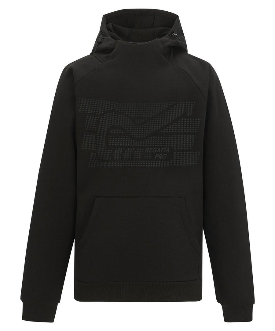 A black hoodie featuring a large front pocket and a subtle chest graphic with the Regatta Pro logo plus a pattern of dots and lines.