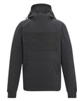 The Hoodies is a black hooded sweatshirt featuring a front kangaroo pocket, subtle dark chest graphic, adjustable drawstrings on the hood, and made from thick, warm material.