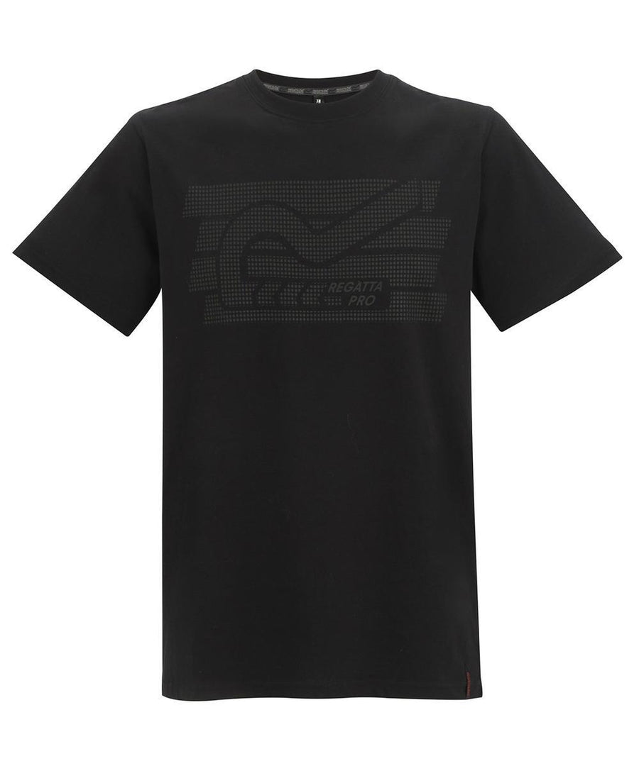The T-Shirts feature a regular fit, crew neckline, plain black colour, short sleeves, a subtle dotted graphic, and "Regatta Pro" text on the chest.