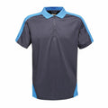 The RG663 by Regatta Professional is a short-sleeved polo shirt featuring a dark gray body with light blue accents on the sleeves, shoulders, and sides. It is completed with a blue collar and a three-button placket.