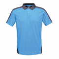 Introducing the RG663 by Regatta Professional, a light blue polo shirt featuring a black collar and black shoulder accents. This simple yet sporty design includes a three-button placket and short sleeves.