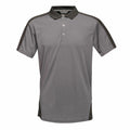 A Regatta Professional RG663 gray short-sleeved polo shirt features a black collar and three buttons, with darker gray panels accentuating the shoulders and sides. The shirt is showcased against a plain white background.