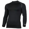 A RH001 long-sleeve athletic shirt by Rhino, featuring gray stitching on a black fabric.