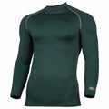 The RH001 dark green long-sleeve sports compression shirt with gray stitching by Rhino, displayed on an invisible mannequin.