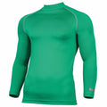 The RH001 by Rhino is a bright green long-sleeve compression shirt featuring a mock neck and contrasting gray stitching along the shoulders and arms. The fabric is smooth and fitted, perfect for athletic wear.