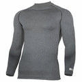 The Rhino RH001 is a long-sleeved compression shirt in gray, shown against a white background. It features a high collar, slightly textured fabric, and visible seam lines on the shoulders and sleeves.