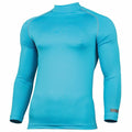 Introducing the RH001 from Rhino: a vibrant blue compression shirt with long sleeves and a high collar. It includes subtle seam detailing and features the brand logo on the lower sleeve. The smooth, form-fitting fabric is expertly designed for athletic use.