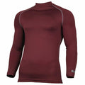Introducing the RH001 by Rhino, a burgundy long-sleeve compression shirt featuring contrasting gray stitching along the shoulders and sides. This shirt boasts a high neckline and a fitted design for optimal performance.