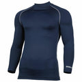 Introducing the RH001, a navy blue compression shirt featuring long sleeves with contrasting seams. Designed by Rhino, this athletic wear boasts a high neckline and showcases the brand's logo "RHINO" on the lower sleeve. Tailored for a snug fit, it's perfect for sports and workout sessions.
