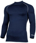 The RH001 by Rhino is a navy blue, long-sleeve athletic shirt featuring gray stitching and a mock turtleneck. It is designed to be form-fitting, with the text "RHINO" printed on the lower sleeve.