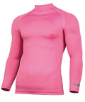 The RH001 by Rhino is a vibrant pink athletic shirt featuring long sleeves, a high neckline, and contrasting stitching along the seams.