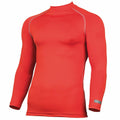 The Rhino RH001 is showcased against a white background, featuring a vibrant red color with long sleeves. It boasts a form-fitting design and mock neck, highlighted by visible stitching on the shoulder and sleeves. A small logo patch embellishes the lower sleeve.