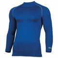 A blue long-sleeved athletic shirt from Rhino, designated as RH001, featuring gray stitching along the seams. The shirt is designed with a high neckline and displays a logo on the sleeve near the wrist. It has a smooth and fitted fabric appearance.