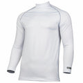 Introducing the RH001 by Rhino - a smooth, fitted white long-sleeve athletic shirt designed for performance or sports activities, boasting a high neckline and subtle gray stitching along the seams.