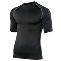 A Rhino RH002 black short-sleeve compression shirt featuring grey stitching displayed on a white background.