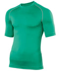 A green short-sleeve athletic shirt, product name RH002 by Rhino, featuring a crew neckline and subtle stitching accents on the shoulders and sides, displayed on a plain gray background.
