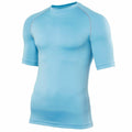 A light blue, short-sleeve athletic shirt from Rhino, model RH002, featuring a fitted design with visible stitching on the shoulders and sleeves, displayed against a white background.