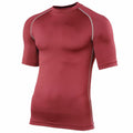 The Rhino RH002 is a red short-sleeve compression shirt featuring gray seams, shown against a white background. It has a fitted design with a crew neckline.