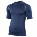 The RH002 by Rhino is a navy blue short-sleeve compression shirt featuring gray stitching along the shoulders and sides. It is showcased on a plain background, emphasizing its athletic fit and smooth texture.