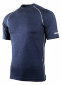 Introducing the RH002 by Rhino: a dark blue short-sleeve athletic t-shirt featuring light grey stitching along the shoulders and sides. The brand logo is prominently displayed on the right sleeve. Crafted with a smooth yet slightly textured fabric for ultimate comfort and style.