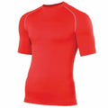 An athletic shirt, model RH002 by Rhino, in a vibrant red color is showcased on a plain white background. This short-sleeve shirt features a fitted design with prominent seam lines, lending it a sleek and sporty look.