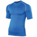 The RH002 by Rhino is a blue short-sleeved compression shirt featuring light gray stitching, designed for athletic wear and displayed on an invisible mannequin.