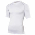 The RH002 compression shirt by Rhino is featured against a white background. This plain white short-sleeve shirt showcases a crew neck and form-fitting design that highlights its smooth fabric and subtle seam lines.