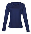 A plain navy blue long-sleeve t-shirt from the brand Rhino, product code RH003, is showcased against a white background. The shirt is elegantly arranged with a subtle curve to highlight its natural draping.