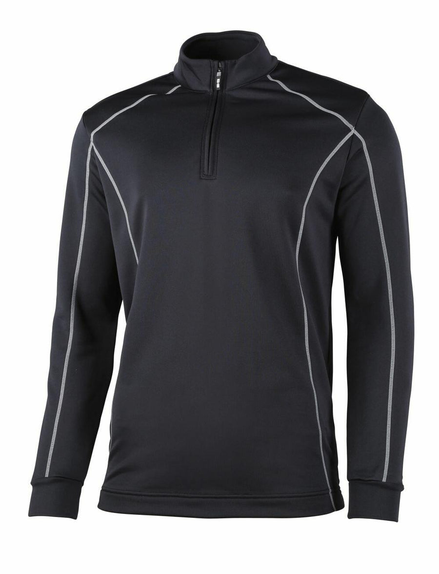 Rhino RH004 black long-sleeve athletic pullover featuring a quarter-zip neckline with white stitching accents.